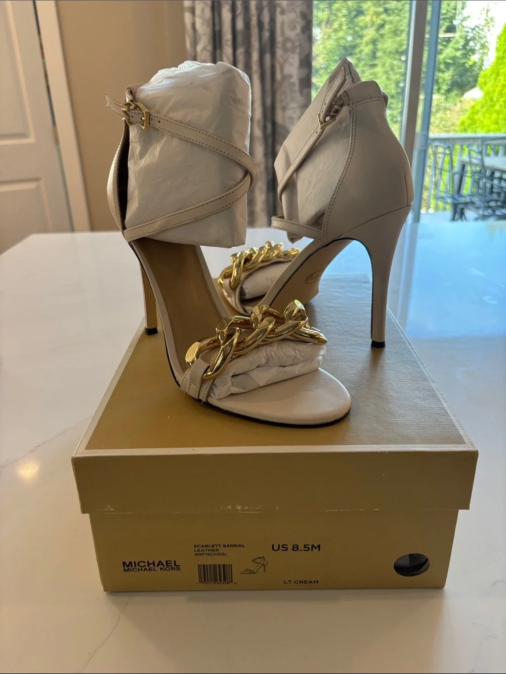 Michael Kors Cream Stiletto Sandal with Gold Chain Accent